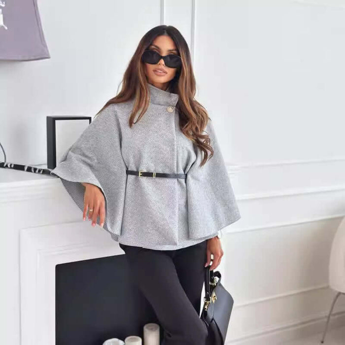 New Stand Collar Batwing Sleeves Cloak Top matching fabric belt accessory close-up view accentuating feminine silhouettes