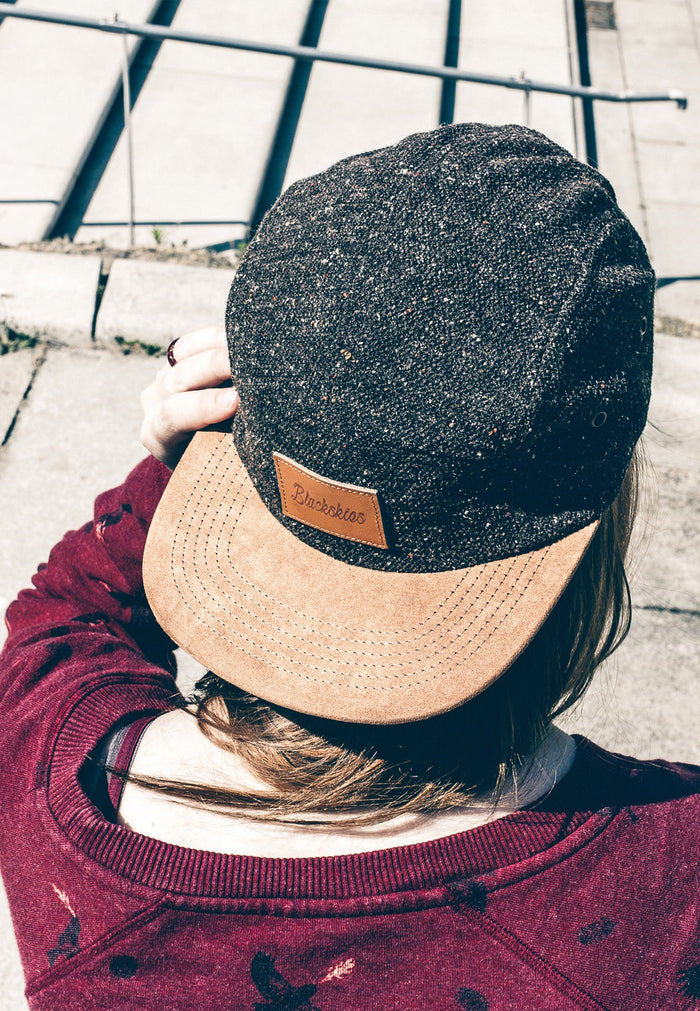 Blackskies-Obsidian-5-Panel-Cap-Black-Brown-Wool-Side-Brim-Model
