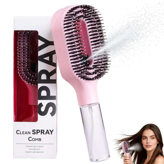 One-Click Spray Anti-Frizz Hair Brush with Boar Bristles in pink, showcasing a spray feature for frizz control.