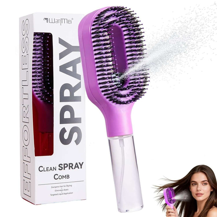 One-Click Spray Anti-Frizz Hair Brush with Boar Bristles in pink, spraying mist for effortless styling.