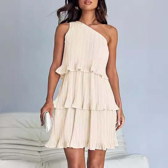 One Off-Shoulder Layered Stitching Hem Dress displayed on a model, showcasing its unique layered design and elegant style.