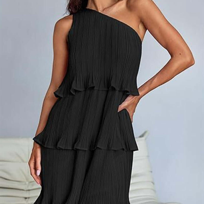 One Off-Shoulder Layered Stitching Hem Dress in black with a pleated layered design, elegant and stylish for special occasions.
