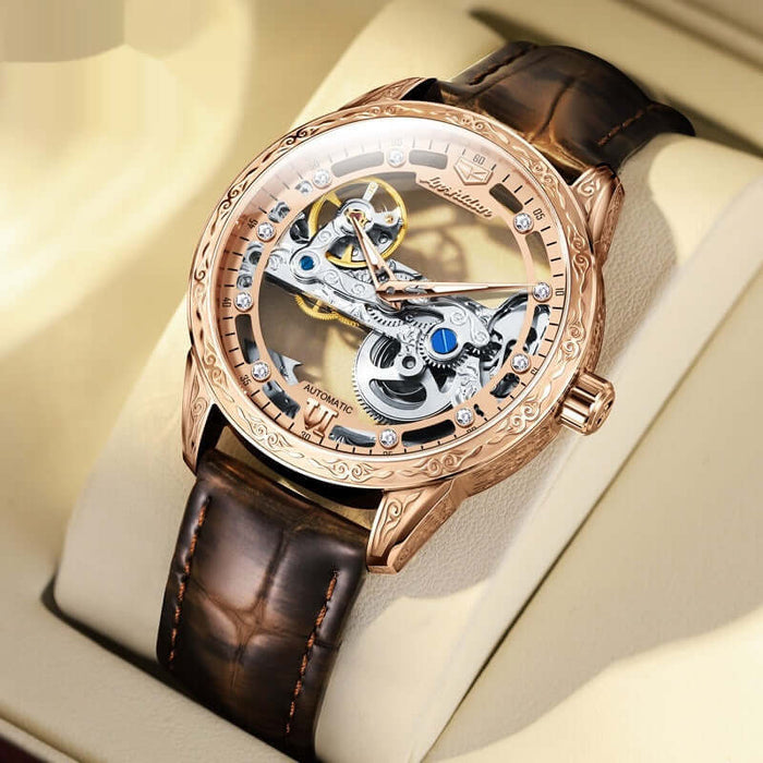 Openwork Mechanical Watch With Waterproof Leather Strap displayed on a cushion, showcasing its intricate design and craftsmanship.