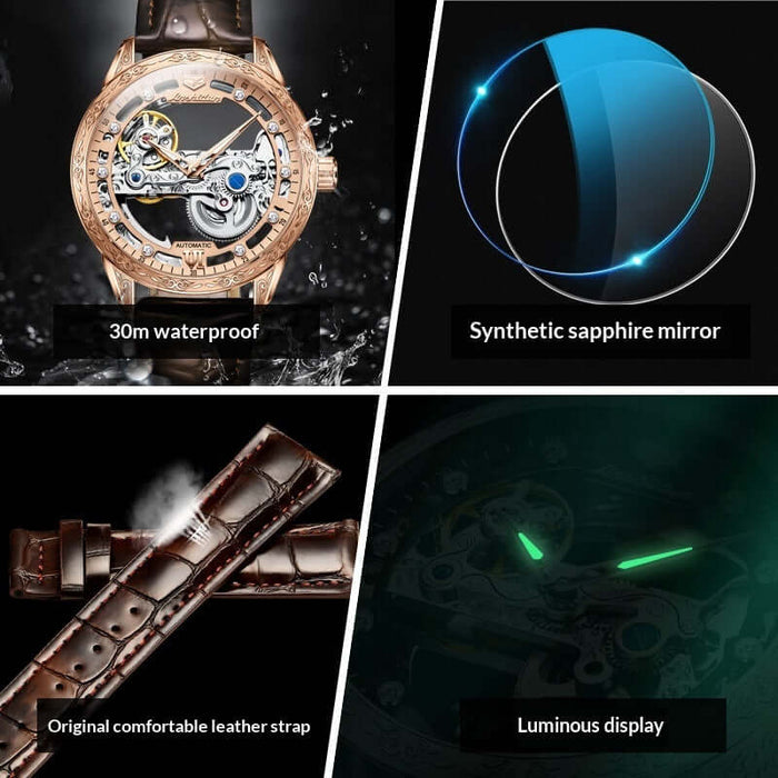 Openwork Mechanical Watch With Waterproof Leather Strap features, including 30m waterproof, synthetic sapphire mirror, leather strap, and luminous display.