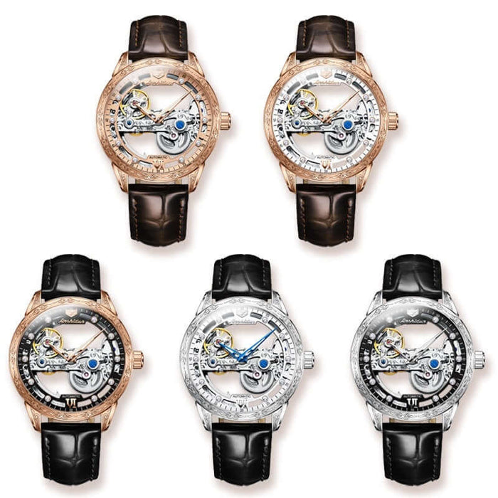 Openwork Mechanical Watch With Waterproof Leather Strap featuring different variations and colors.
