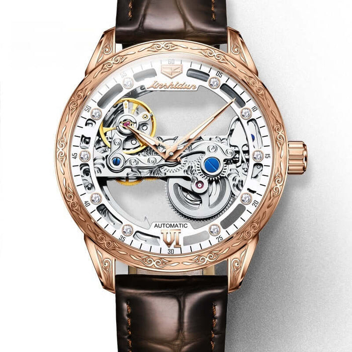 Openwork Mechanical Watch With Waterproof Leather Strap featuring a detailed automatic movement and elegant brown leather strap.