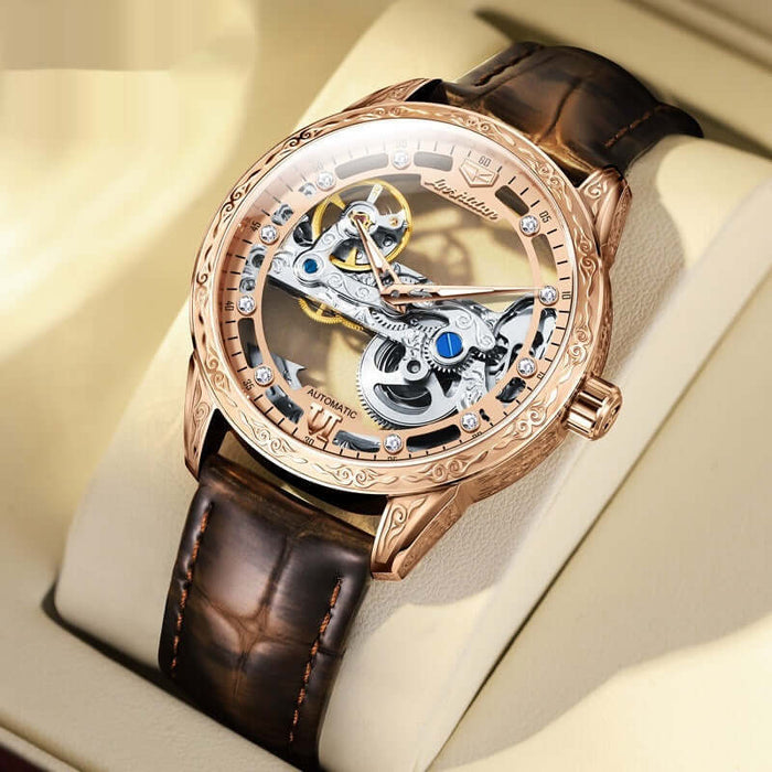 Openwork Mechanical Watch With Waterproof Leather Strap featuring a transparent dial and brown leather strap.