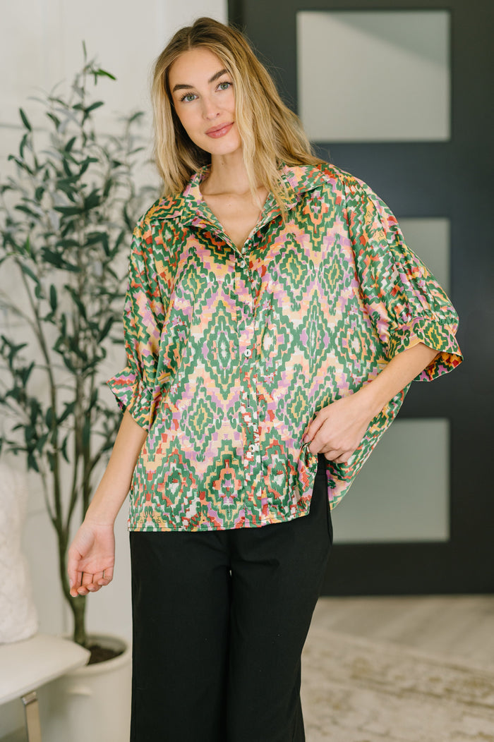 Optical Illusion Button Up Blouse Blouse Ave Shops- Tilden Co.