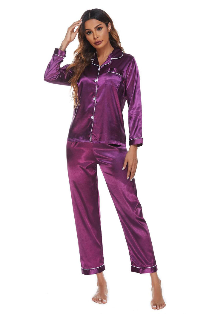 Pajamas Womens Long Sleeve Sleepwear Soft Button Loungewear purple imitation silk fabric.