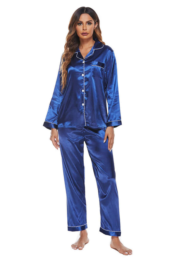 Pajamas Womens Long Sleeve Sleepwear Soft Button Loungewear black lapel collar detail.