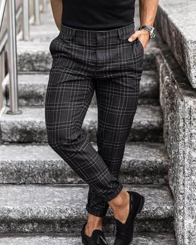 Plaid Print Pants Mens Casual Trousers Loose Thin micro bomb elasticity.