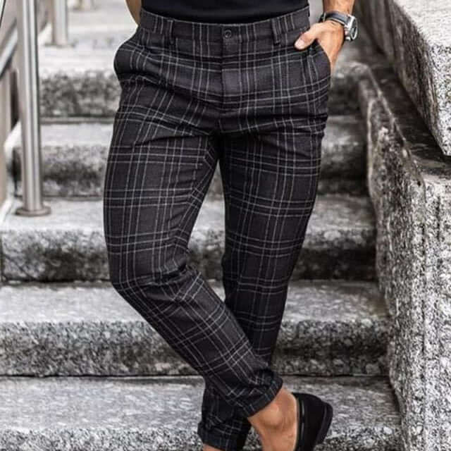 Plaid Print Pants Mens Casual Trousers Loose Thin pocket decoration detail.
