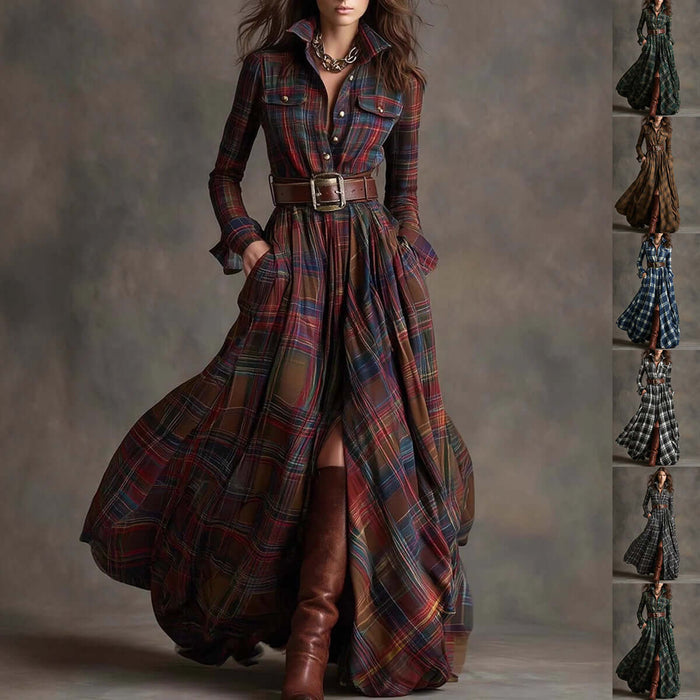 Plaid Shirt Dress Long Sleeve retro style fashion.