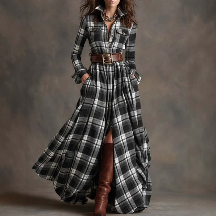 Plaid Shirt Dress Long Sleeve geometric pattern detail.