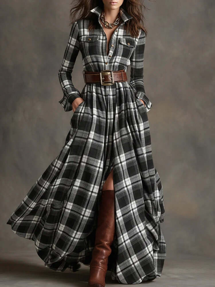 Plaid Shirt Dress Long Sleeve maxi length for women.