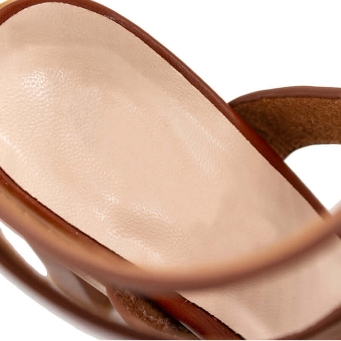 Plus-Size Sandals for Women with Chunky Heels buckle closure on model