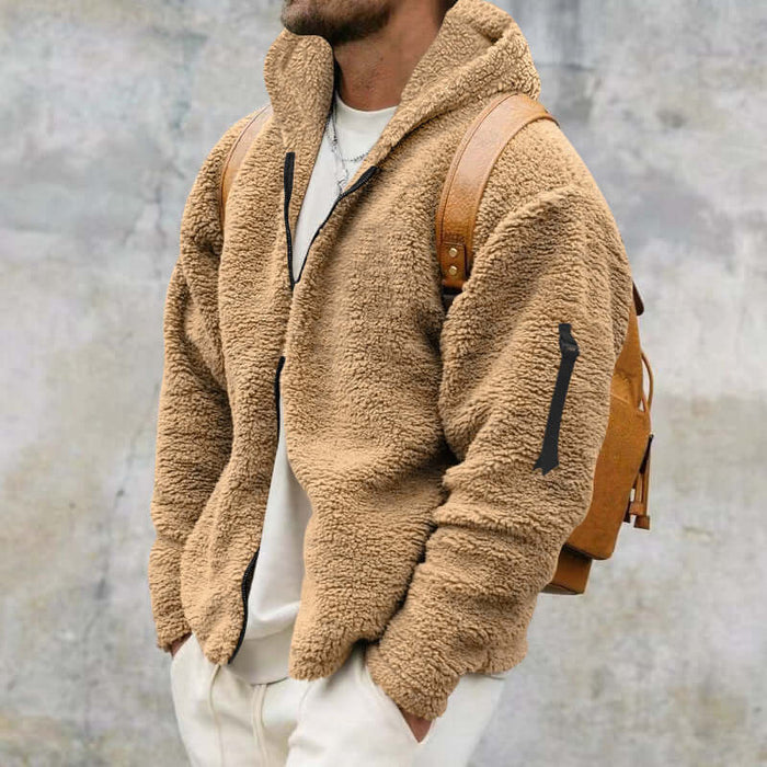 Plush Hooded Jacket Mens Autumn Winter Fleece Warm Coat double sided wear.