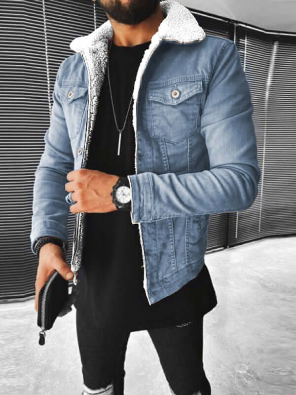 Plush Thickened Denim Mens Jacket Warm Padded Casual Style+ back