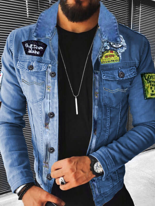 Plush Thickened Denim Mens Jacket Warm Padded Casual Style+ flap pocket