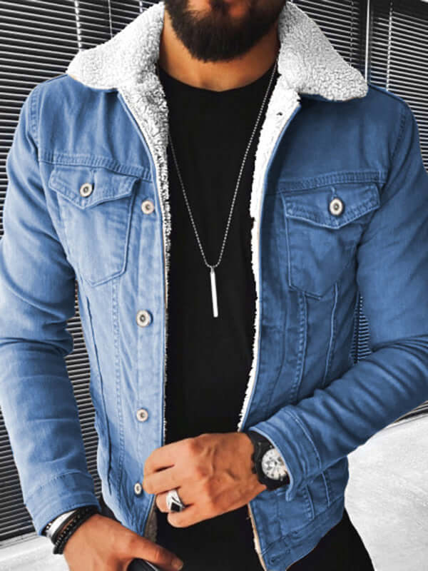 Plush Thickened Denim Mens Jacket Warm Padded Casual Style+ denim texture
