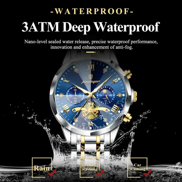 POEDAGAR Luxury Waterproof Chronograph Watch for Men stainless steel bracelet