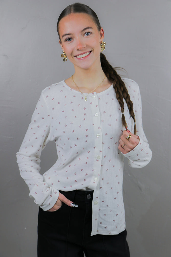 Pointelle Button Cardigan in Mauve Bows Cardigan Mikarose- Tilden Co.