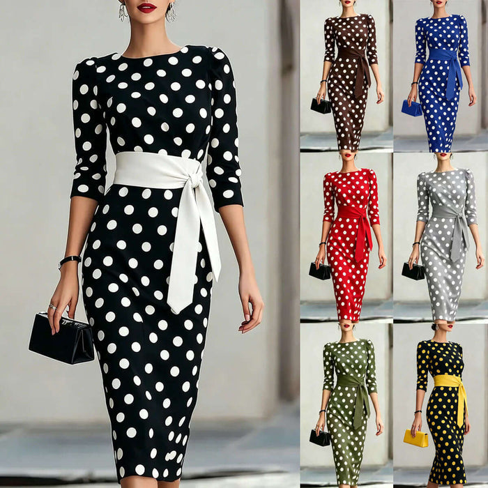 Polka Dot Belted Midi Pencil Dress For Women showcased in multiple colors