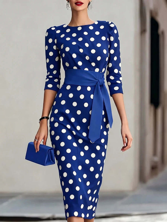 Polka Dot Belted Midi Pencil Dress For Women, featuring blue color and white polka dots, styled with a matching belt.