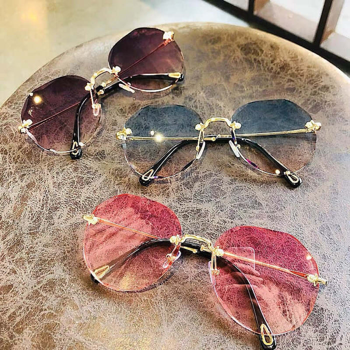 Polygonal Rimless Trimmed Sunglasses for Women front fashion view