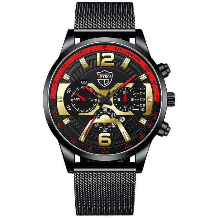 Premium Steel Calendar Quartz Watch for Men wrist wearing casual outfit