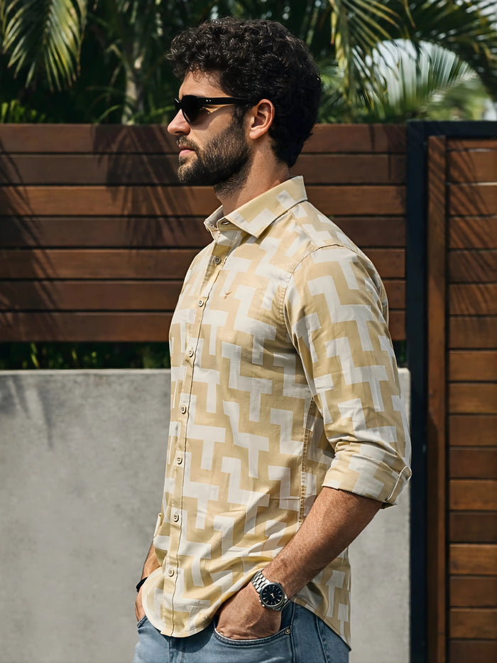 Prime Beige Patterned Full Sleeve Shirt LEON