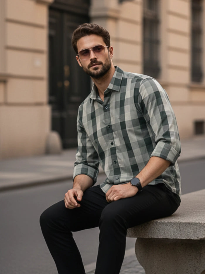 Prime Bottle Green Checkered Full Sleeve Shirt LEON