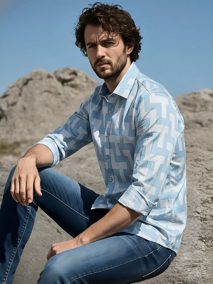 Prime Blue Patterned Full Sleeve Shirt LEON