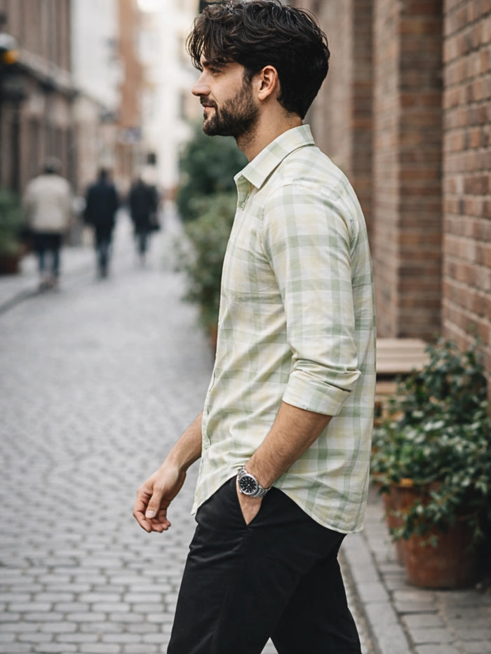 Prime Pastel Green Checkered Full Sleeve Shirt LEON