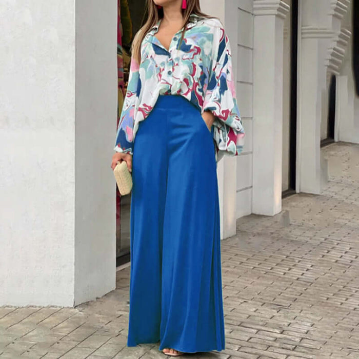 Printing Temperament Commute Set Women unique design floral print top and pants.