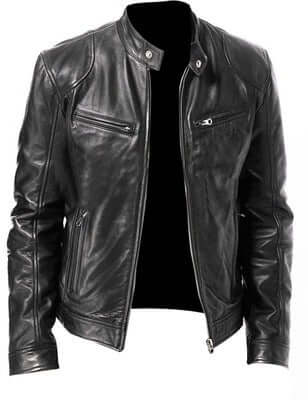 PU Leather Jacket Slim Leather Jacket Mens Business khaki style side profile