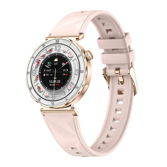 QS22 Womens AMOLED Display Smart Sports Watch with elegant pink strap and floral design on display.