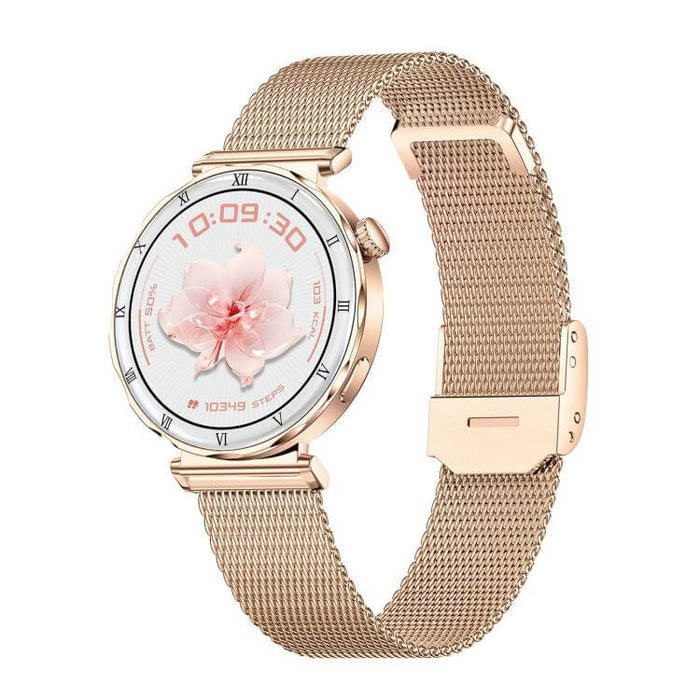 QS22 Womens AMOLED Display Smart Sports Watch with rose gold mesh band and floral watch face design.