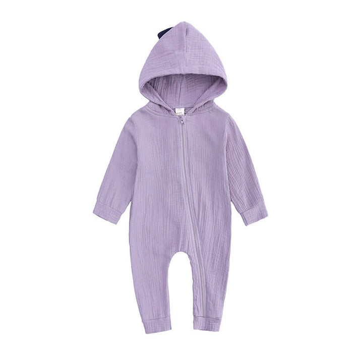 Rabbit Ears Baby Romper Cotton Blend Hooded Jumpsuit in lavender color with zip closure.