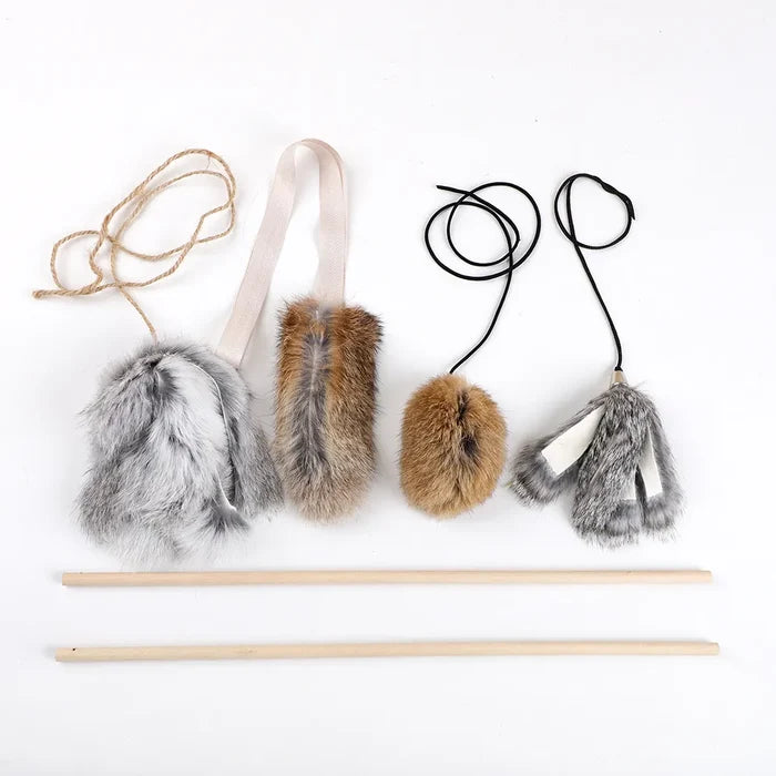 Rabbit Fur Cat Teaser on a Short Wood Stick with String - Dog.Dog.Cat.