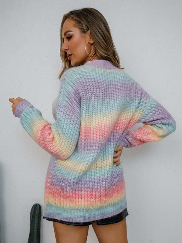 Rainbow Gradient Knit Button Cardigan back view relaxed fit