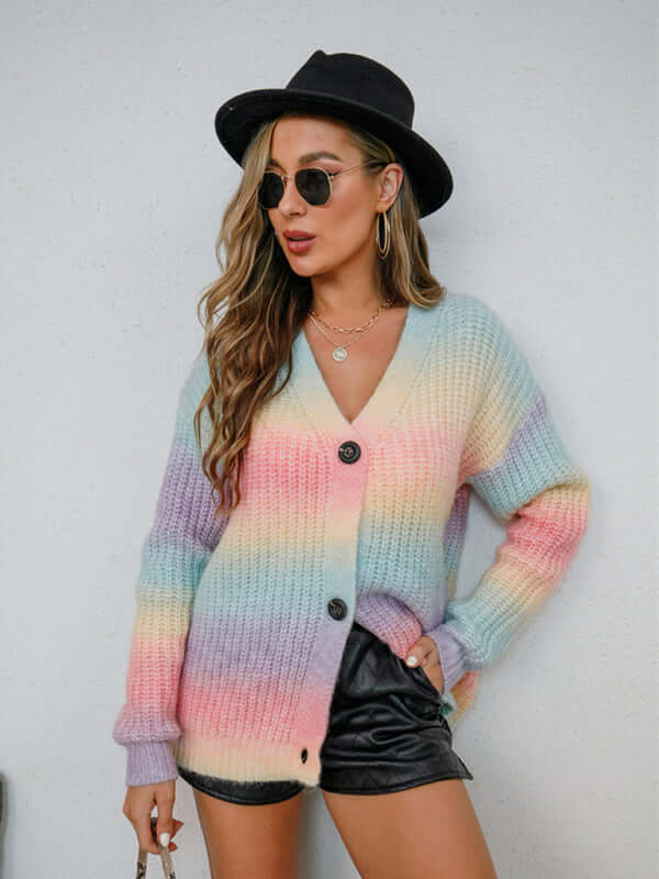 Rainbow Gradient Knit Button Cardigan close up knit texture