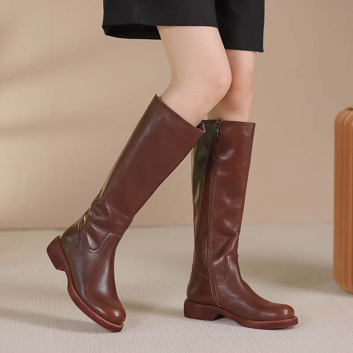 Retro British Style Genuine Leather Long Wedge Boots Classic Vintage Design