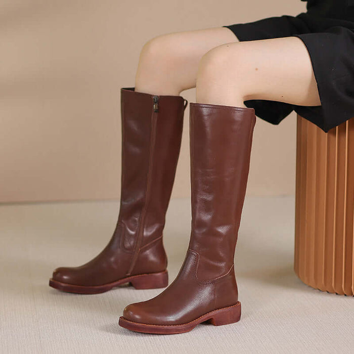 Retro British Style Genuine Leather Long Wedge Boots Premium Genuine Leather
