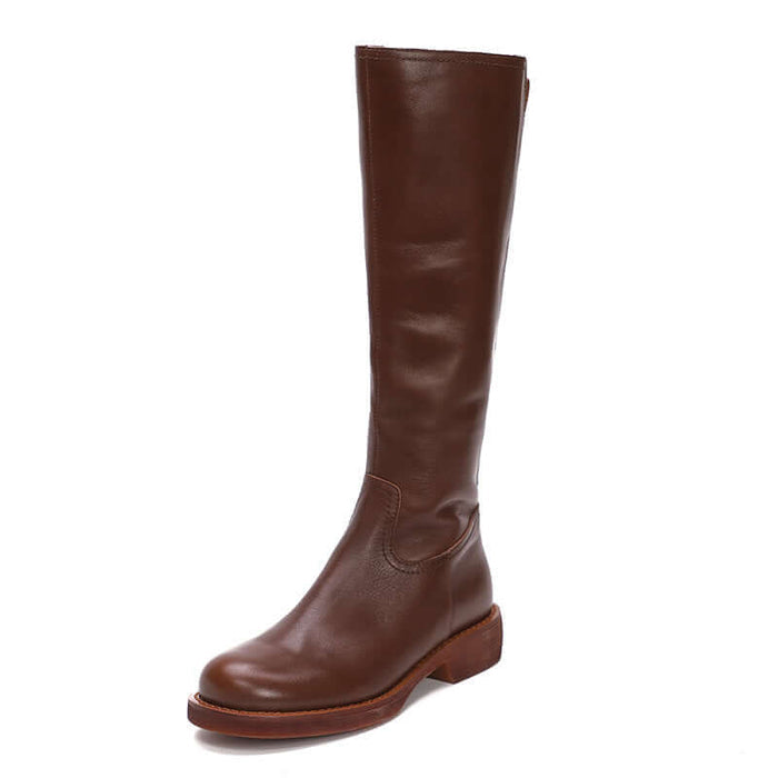 Retro British Style Genuine Leather Long Wedge Boots Comfortable Wedge Heel
