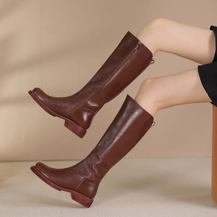 Retro British Style Genuine Leather Long Wedge Boots Stylish Everyday Footwear
