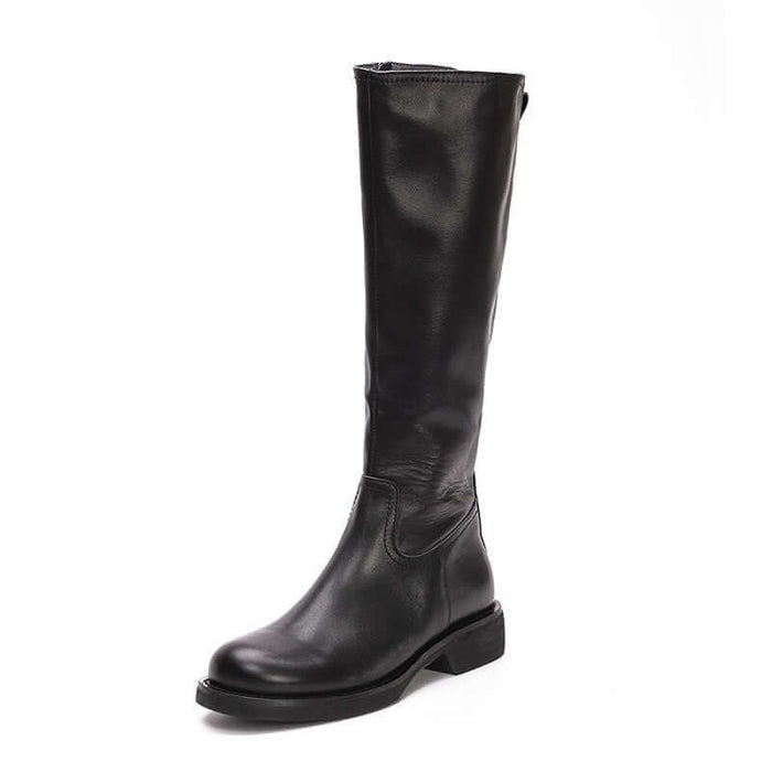 Retro British Style Genuine Leather Long Wedge Boots Durable Leather Construction