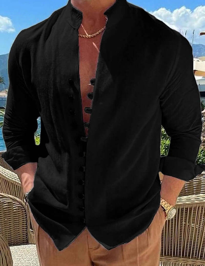 Retro Button Design Long Sleeved Shirt Mens Loose Top standing collar.