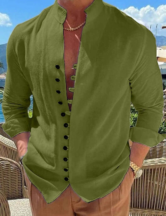 Retro Button Design Long Sleeved Shirt Mens Loose Top cotton polyester material.