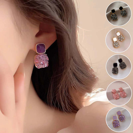 Rhinestone Cube Geometric Earrings Ins Fashion Jewelry modeled by a woman, showcasing different color variations.